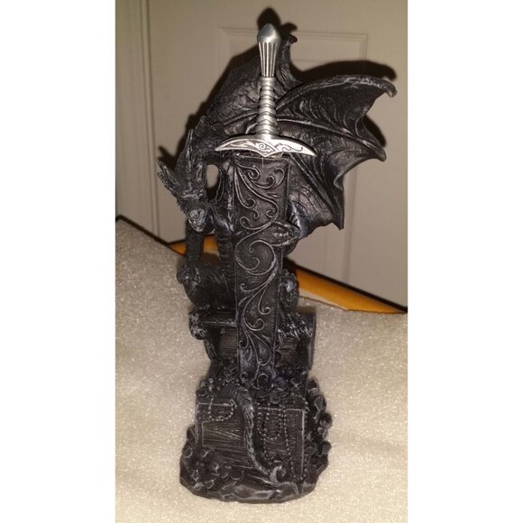 Dragon guarding treasure with sword letter opener Statue. - Picture 2 of 10
